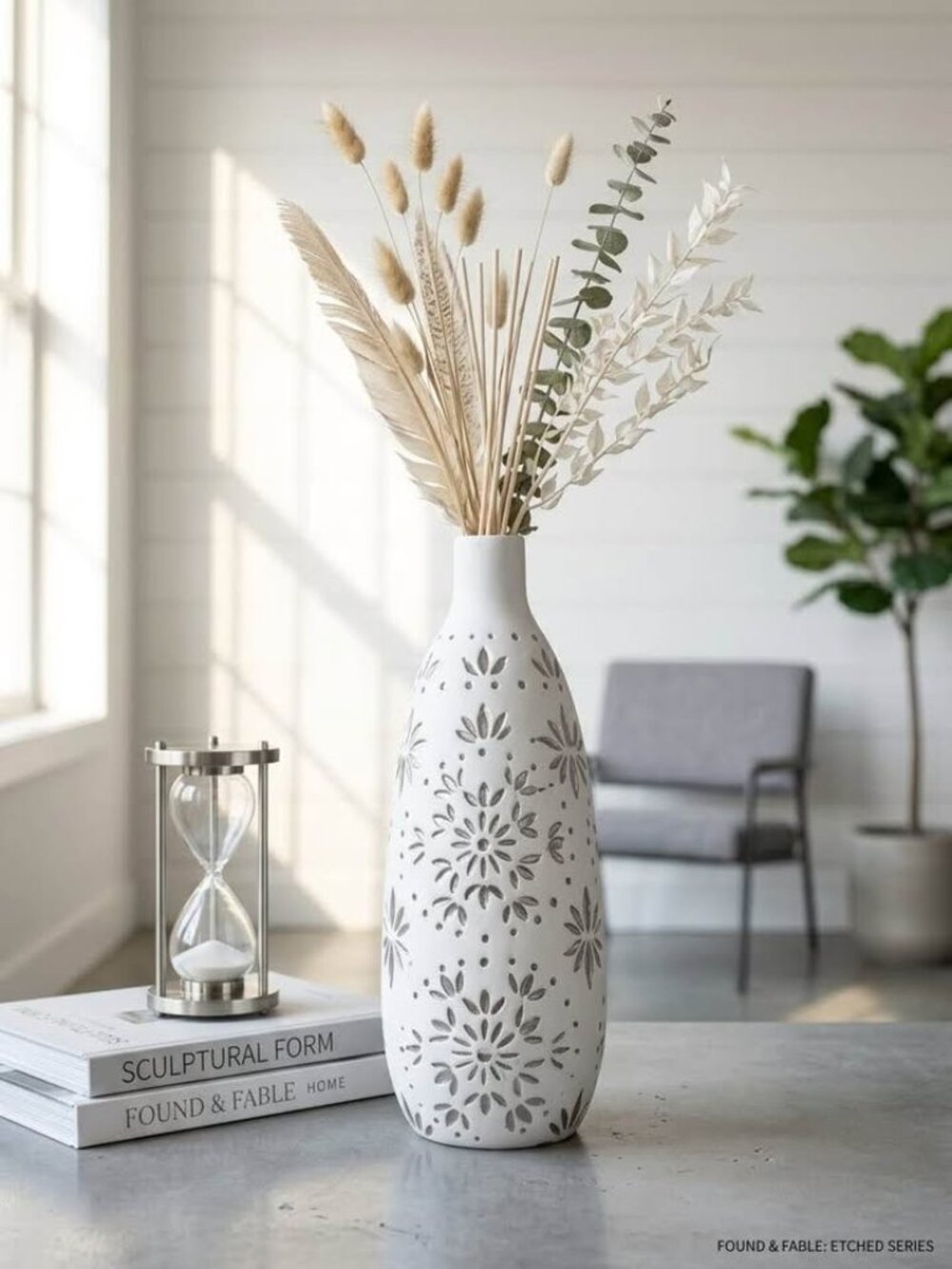 Found & Fable Silver & White Etched Floral Ceramic Vase, 14"